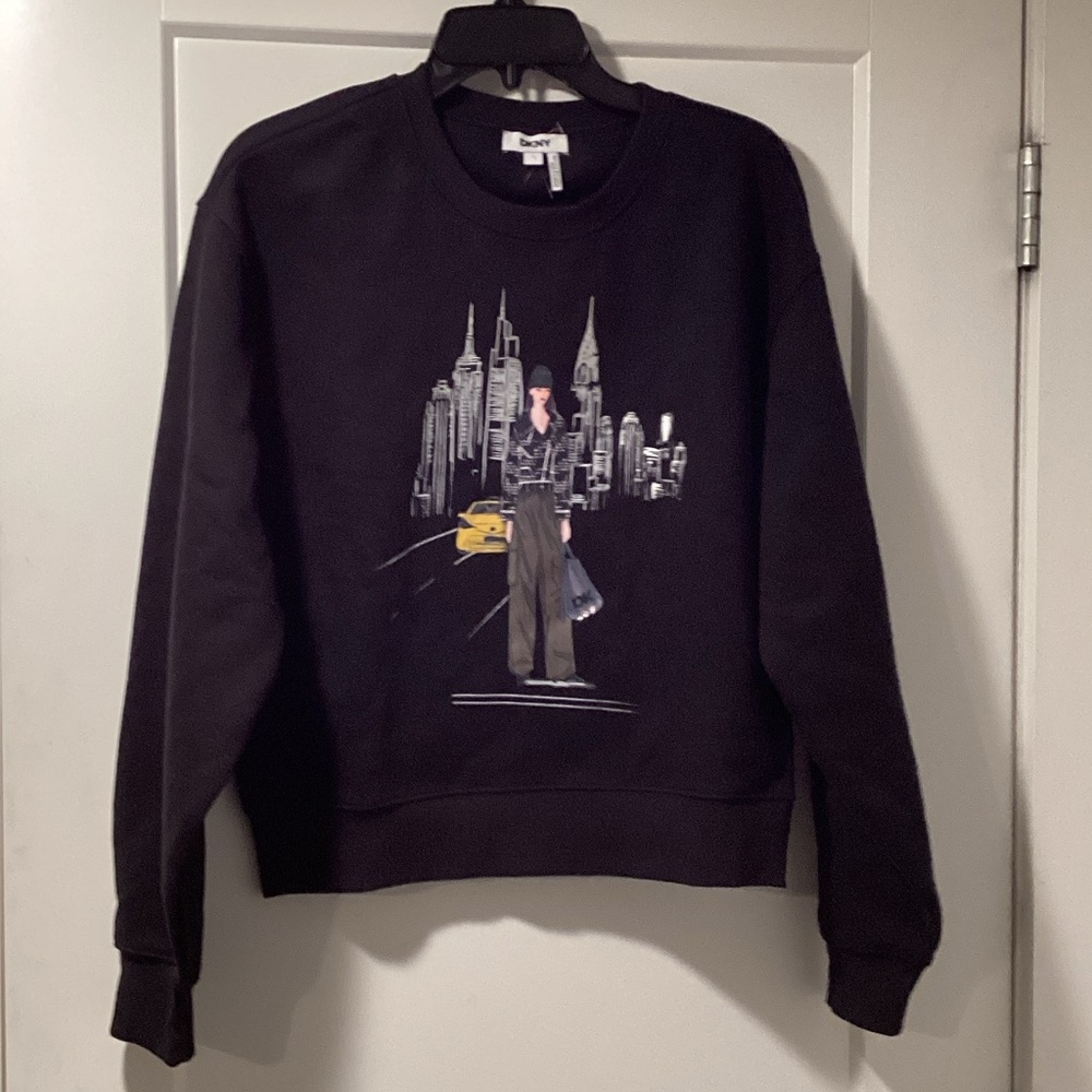 DKNY Womens Black Cityscape Graphic Crewneck Sweatshirt P5JHZCSC New York S